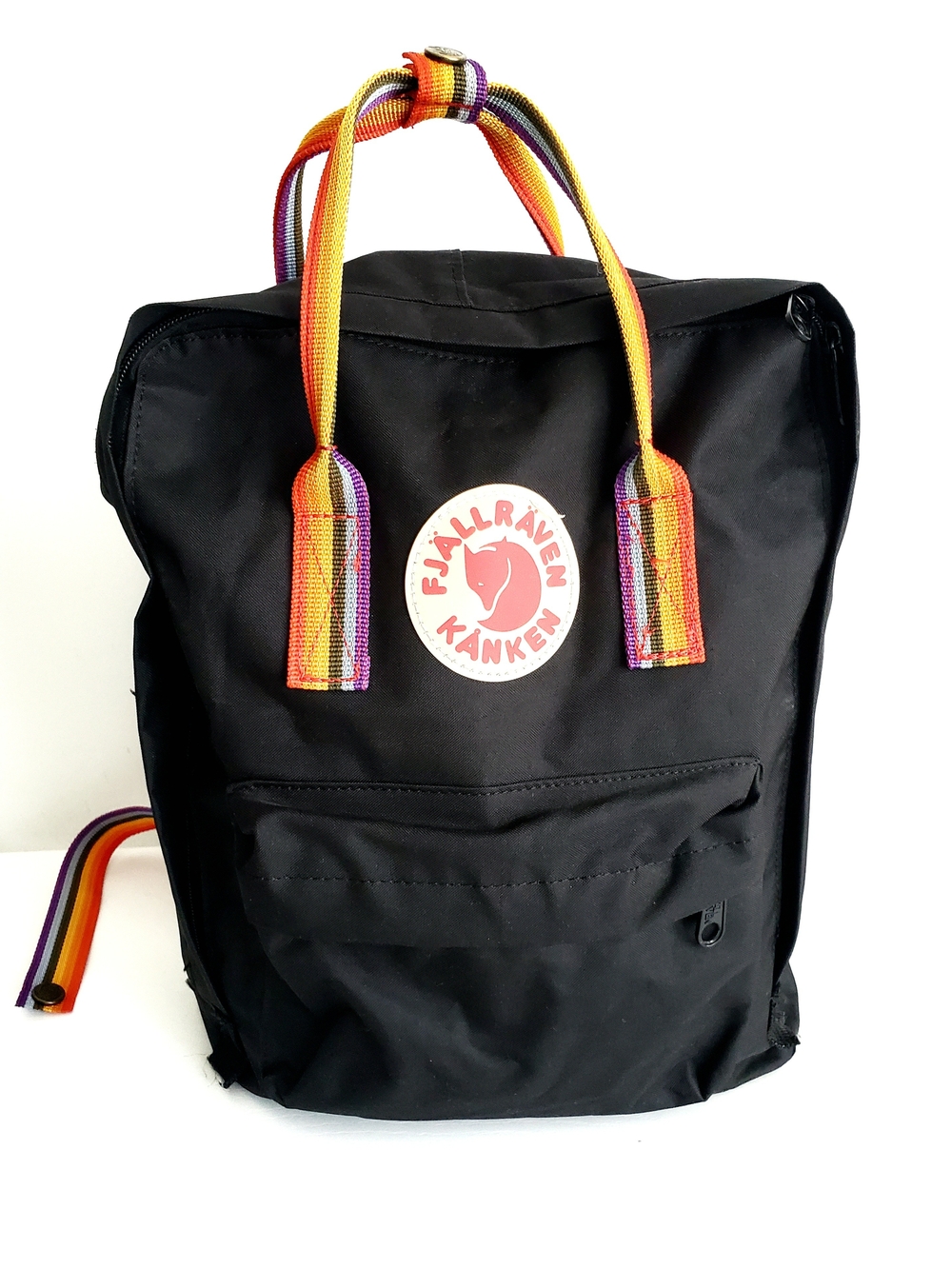 Fjällräven Kånken Black Backpack with Rainbow Straps